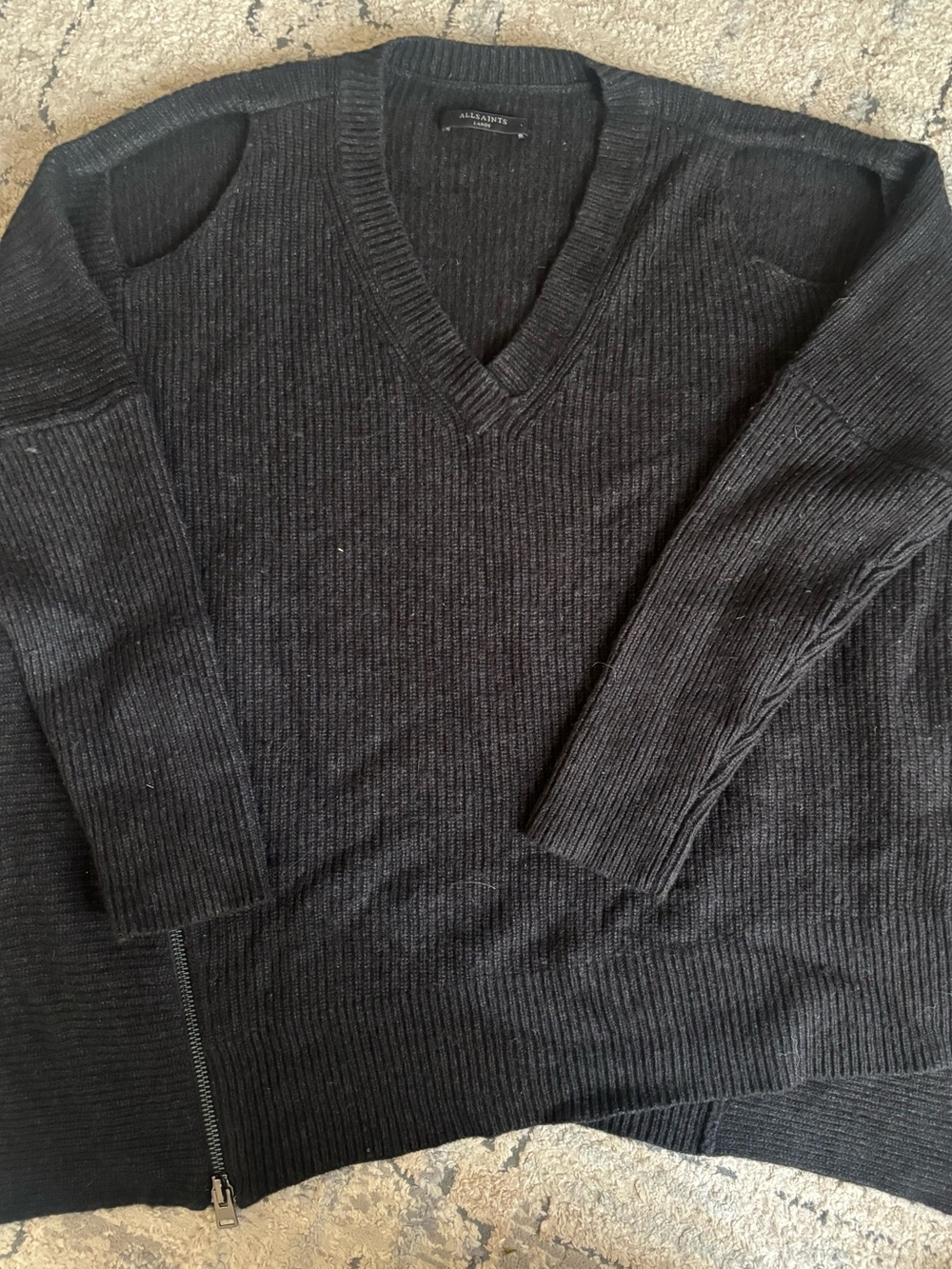 AllSaints Large Black Ribbed V-Neck Sweater